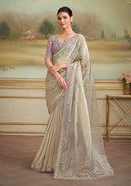 Monjolika Fashion Beige Tissue Georgette Embroidered Border Party Trendy Saree | Grocsy