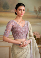 Monjolika Fashion Beige Tissue Georgette Embroidered Border Party Trendy Saree | Grocsy