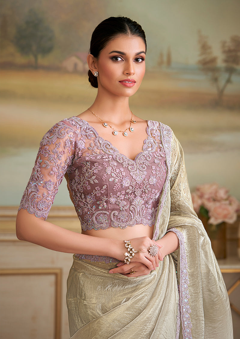 Monjolika Fashion Beige Tissue Georgette Embroidered Border Party Trendy Saree | Grocsy