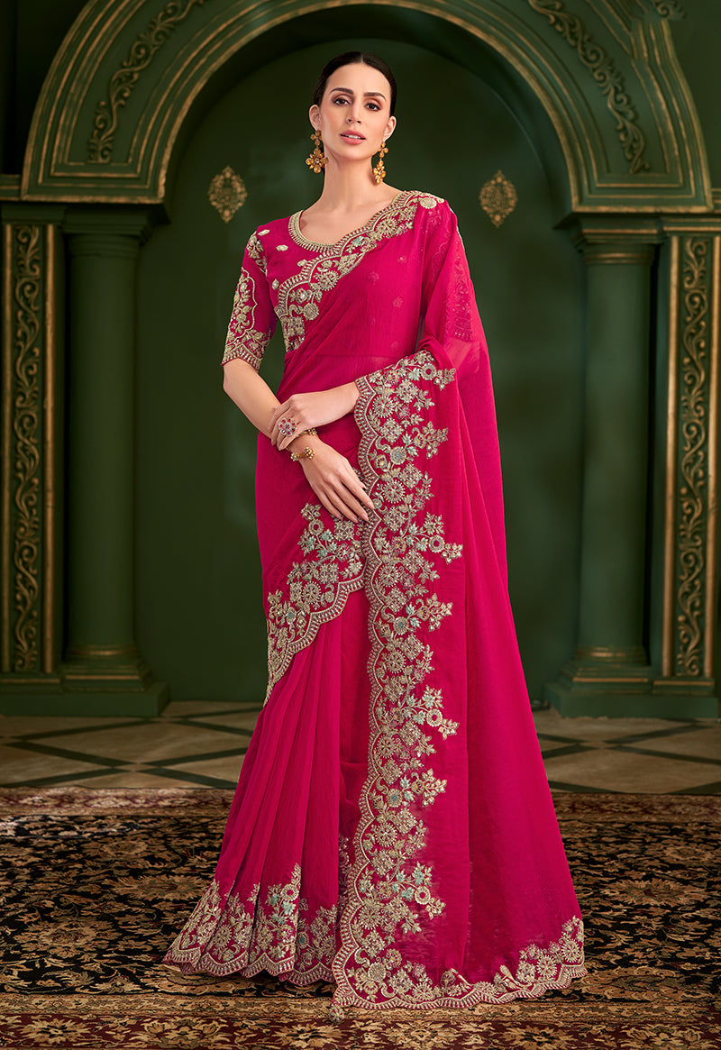 Monjolika Fashion Rani Pink Color Shining Silk Georgette Saree With Heavy Work Blouse | Grocsy