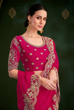 Monjolika Fashion Rani Pink Color Shining Silk Georgette Saree With Heavy Work Blouse | Grocsy