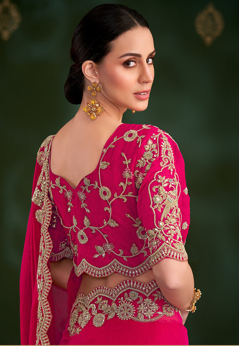 Monjolika Fashion Rani Pink Color Shining Silk Georgette Saree With Heavy Work Blouse | Grocsy