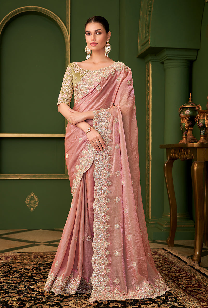 Monjolika Fashion Peach Color Shining Satin Georgette Saree With Heavy Work Blouse | Grocsy