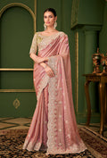 Monjolika Fashion Peach Color Shining Satin Georgette Saree With Heavy Work Blouse | Grocsy