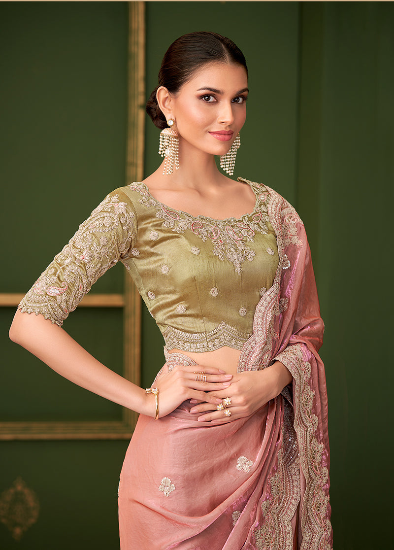 Monjolika Fashion Peach Color Shining Satin Georgette Saree With Heavy Work Blouse | Grocsy