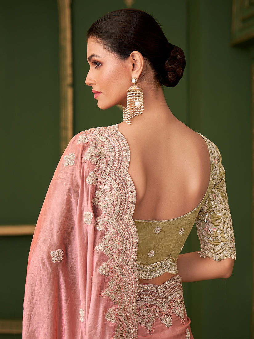 Monjolika Fashion Peach Color Shining Satin Georgette Saree With Heavy Work Blouse | Grocsy