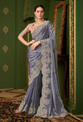 Monjolika Fashion Grey Color Shining Satin Georgette Saree With Heavy Work Blouse | Grocsy
