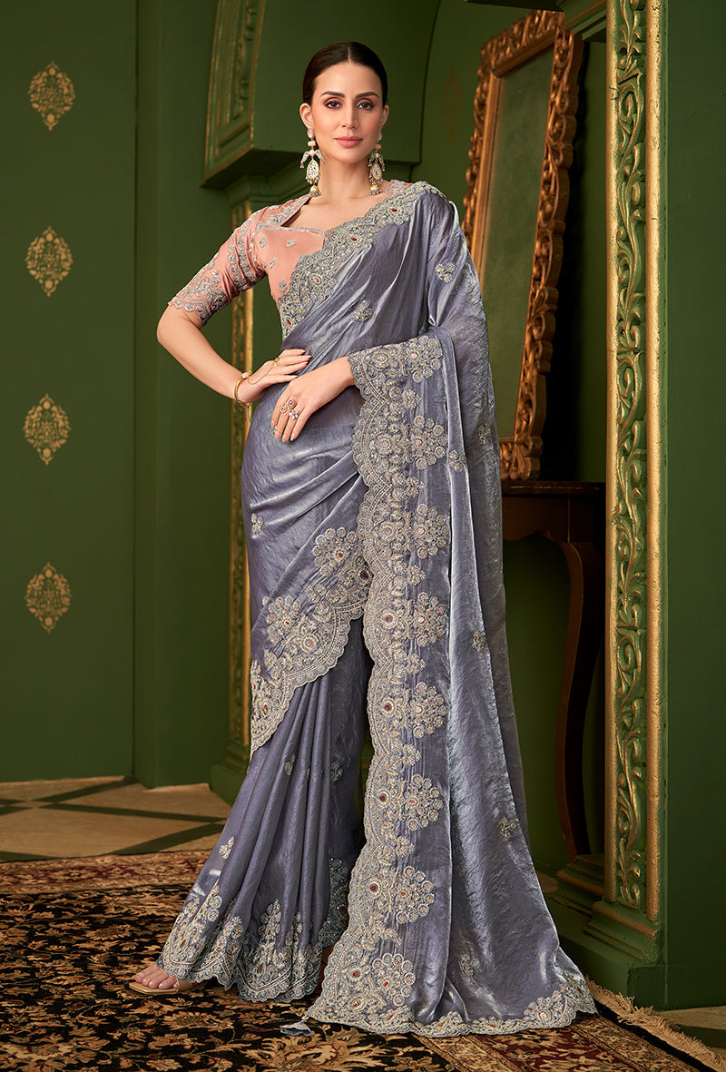 Monjolika Fashion Grey Color Shining Satin Georgette Saree With Heavy Work Blouse | Grocsy