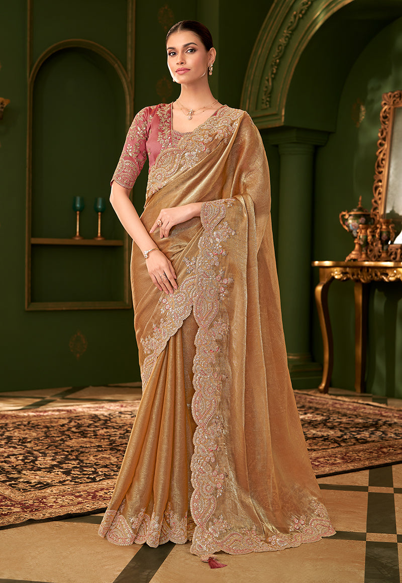 Monjolika Fashion Gold Beige Color Shining Satin Chiffon Silk Saree With Heavy Work Blouse | Grocsy