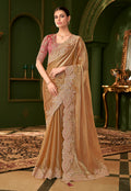 Monjolika Fashion Gold Beige Color Shining Satin Chiffon Silk Saree With Heavy Work Blouse | Grocsy