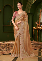 Monjolika Fashion Gold Beige Color Shining Satin Chiffon Silk Saree With Heavy Work Blouse | Grocsy