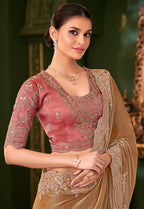Monjolika Fashion Gold Beige Color Shining Satin Chiffon Silk Saree With Heavy Work Blouse | Grocsy