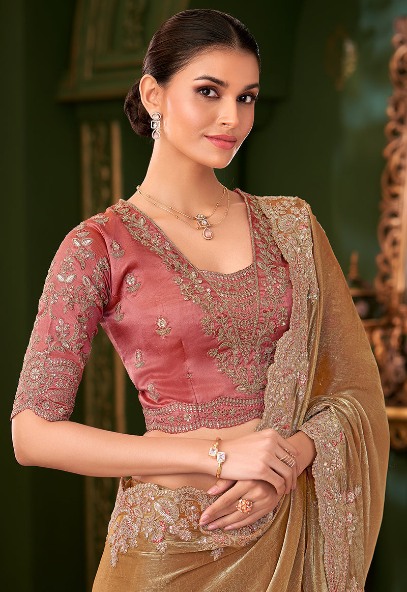Monjolika Fashion Gold Beige Color Shining Satin Chiffon Silk Saree With Heavy Work Blouse | Grocsy