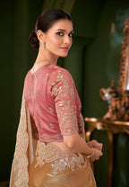 Monjolika Fashion Gold Beige Color Shining Satin Chiffon Silk Saree With Heavy Work Blouse | Grocsy