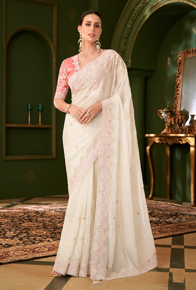 Monjolika Fashion White Color Shining Georgette Silk Saree With Heavy Work Blouse | Grocsy