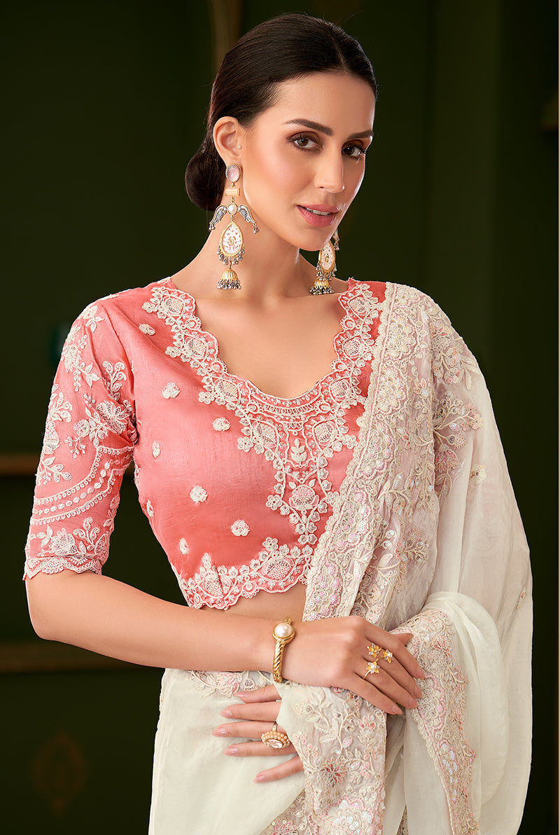 Monjolika Fashion White Color Shining Georgette Silk Saree With Heavy Work Blouse | Grocsy