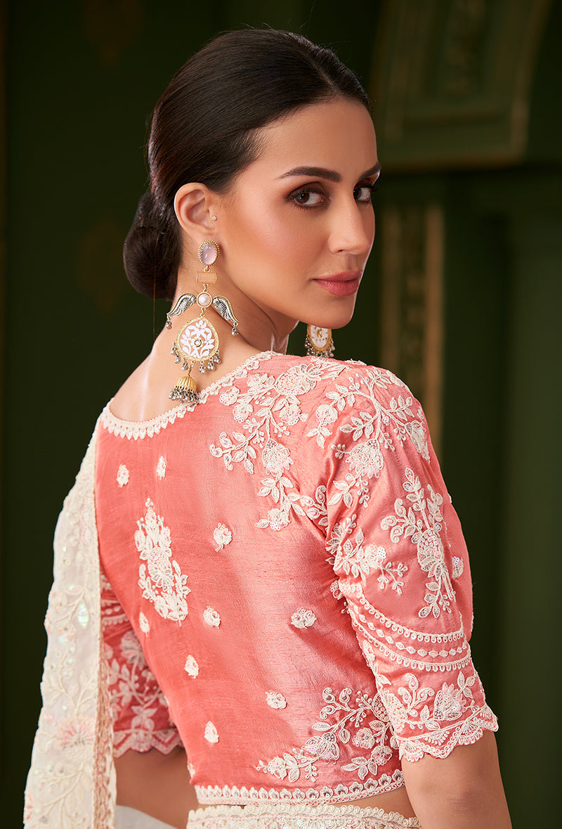 Monjolika Fashion White Color Shining Georgette Silk Saree With Heavy Work Blouse | Grocsy