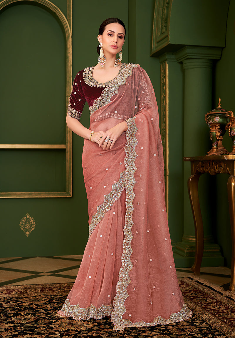 Monjolika Fashion Peach Color Tissue Georgette Silk Saree With Heavy Work Blouse | Grocsy