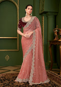 Monjolika Fashion Peach Color Tissue Georgette Silk Saree With Heavy Work Blouse | Grocsy