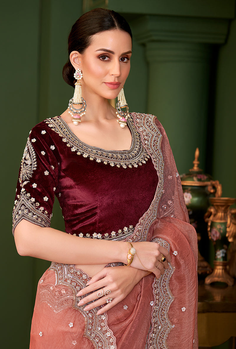 Monjolika Fashion Peach Color Tissue Georgette Silk Saree With Heavy Work Blouse | Grocsy