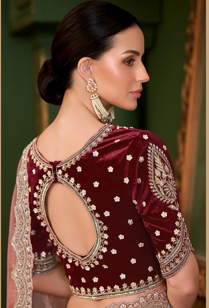 Monjolika Fashion Peach Color Tissue Georgette Silk Saree With Heavy Work Blouse | Grocsy