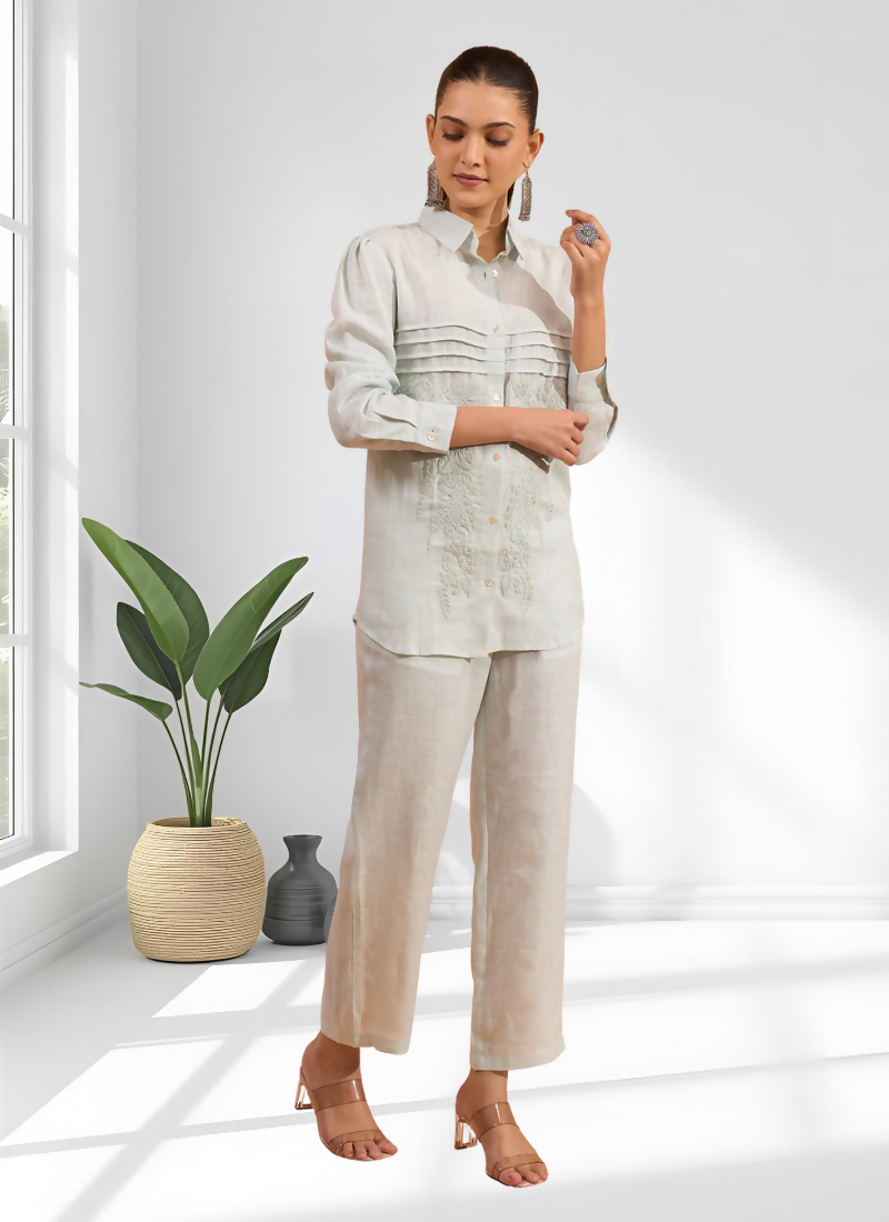 Joban Fashion Powder Blue Linen Embroidered Readymade Cord Set | Grocsy