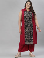 Sztori Plus Size Floral Printed Shirt Collar Straight Crepe Kurta with Palazzos | Grocsy