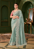 Monjolika Fashion Sky Blue Color Viscose Georgette Silk Saree With Heavy Work Blouse | Grocsy