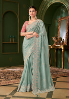Monjolika Fashion Sky Blue Color Viscose Georgette Silk Saree With Heavy Work Blouse | Grocsy