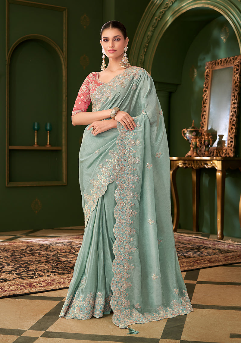 Monjolika Fashion Sky Blue Color Viscose Georgette Silk Saree With Heavy Work Blouse | Grocsy