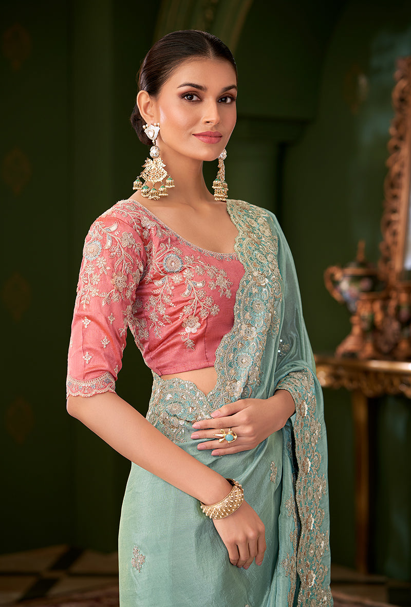 Monjolika Fashion Sky Blue Color Viscose Georgette Silk Saree With Heavy Work Blouse | Grocsy