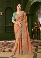 Monjolika Fashion Light Orange Color Georgette Silk Saree With Heavy Work Blouse | Grocsy