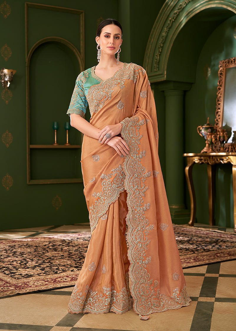 Monjolika Fashion Light Orange Color Georgette Silk Saree With Heavy Work Blouse | Grocsy