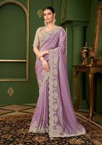 Monjolika Fashion Lavender Color Viscose Georgette Silk Saree With Heavy Work Blouse | Grocsy