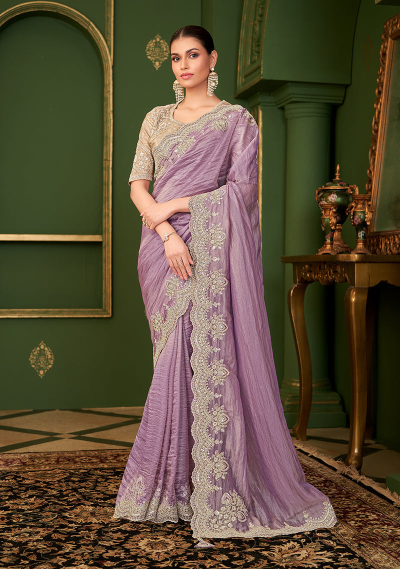Monjolika Fashion Lavender Color Viscose Georgette Silk Saree With Heavy Work Blouse | Grocsy