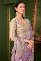 Monjolika Fashion Lavender Color Viscose Georgette Silk Saree With Heavy Work Blouse | Grocsy