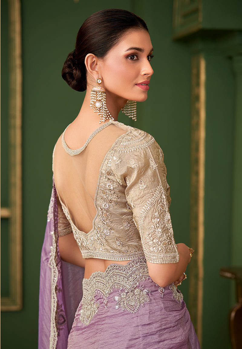 Monjolika Fashion Lavender Color Viscose Georgette Silk Saree With Heavy Work Blouse | Grocsy