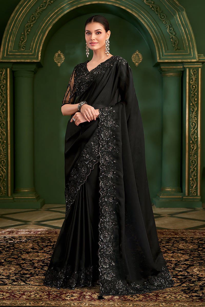 Monjolika Fashion Black Color Satin Georgette Saree With Heavy Work Blouse | Grocsy