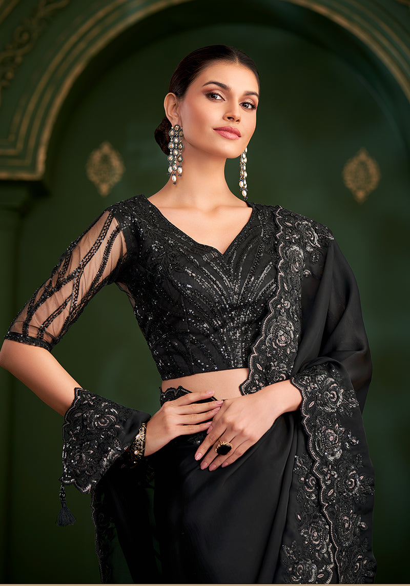 Monjolika Fashion Black Color Satin Georgette Saree With Heavy Work Blouse | Grocsy