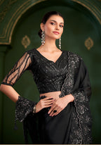 Monjolika Fashion Black Color Satin Georgette Saree With Heavy Work Blouse | Grocsy