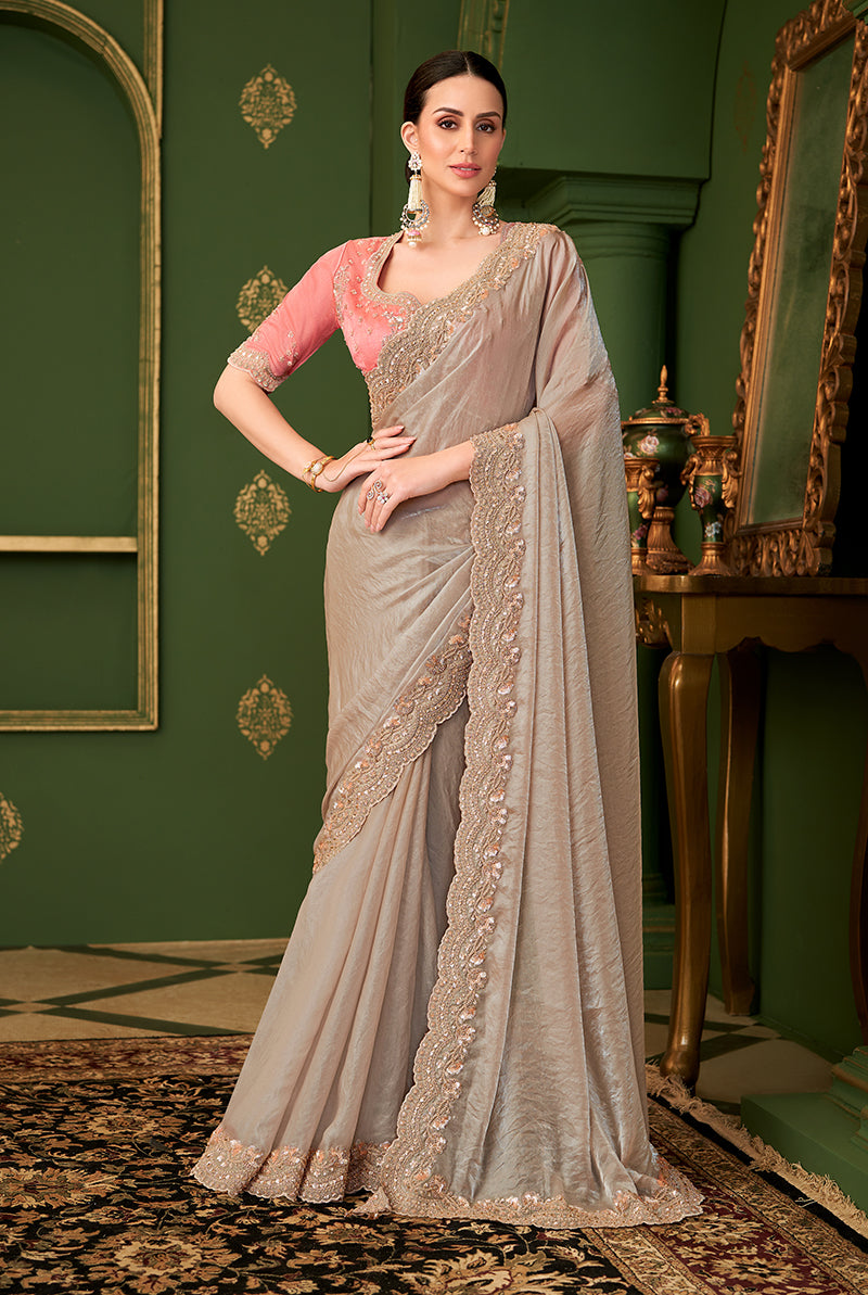 Monjolika Fashion Chiku Color Satin Georgette Saree With Heavy Work Blouse | Grocsy