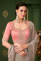 Monjolika Fashion Chiku Color Satin Georgette Saree With Heavy Work Blouse | Grocsy