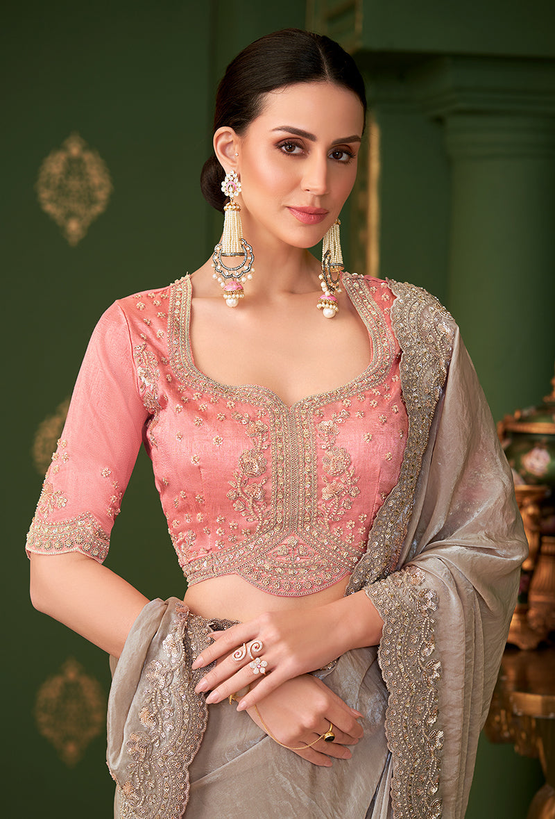 Monjolika Fashion Chiku Color Satin Georgette Saree With Heavy Work Blouse | Grocsy