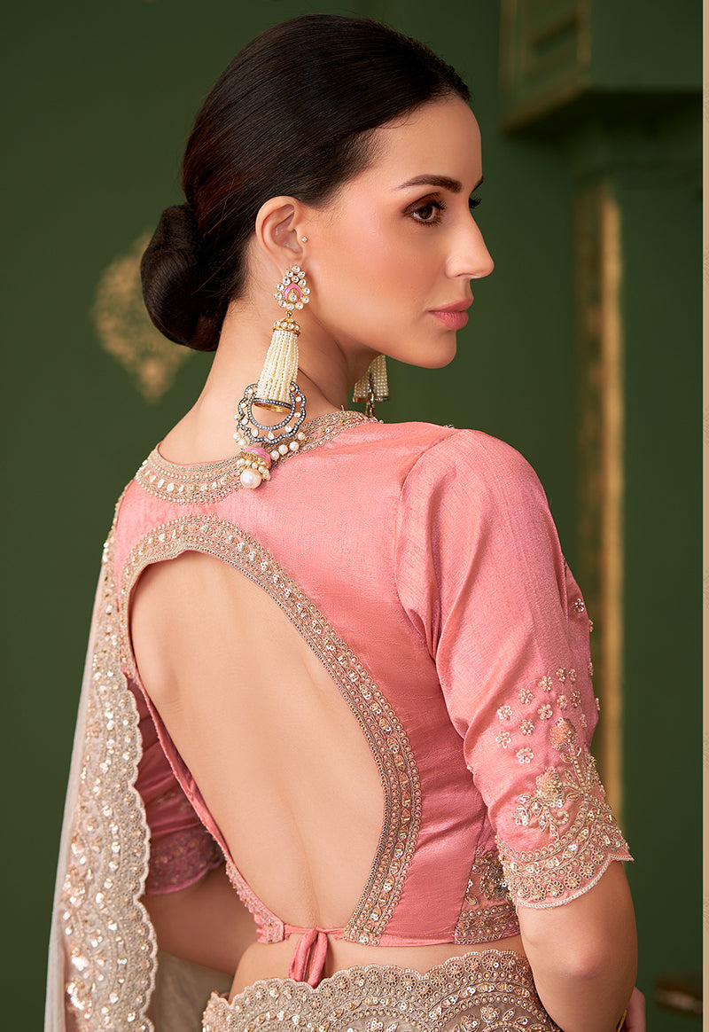 Monjolika Fashion Chiku Color Satin Georgette Saree With Heavy Work Blouse | Grocsy