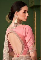 Monjolika Fashion Chiku Color Satin Georgette Saree With Heavy Work Blouse | Grocsy