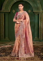 Monjolika Fashion Peach Color Shaded Georgette Saree With Heavy Work Blouse | Grocsy