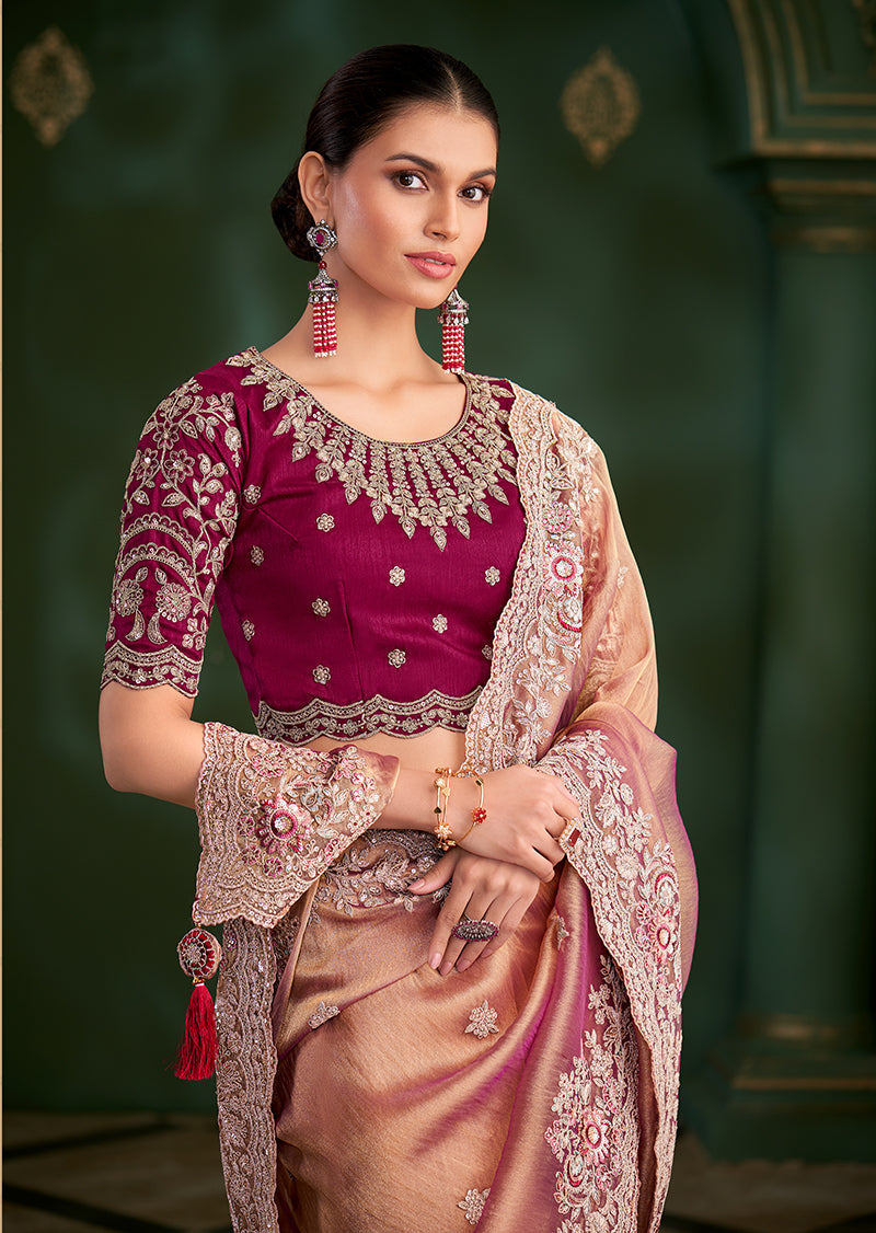 Monjolika Fashion Peach Color Shaded Georgette Saree With Heavy Work Blouse | Grocsy