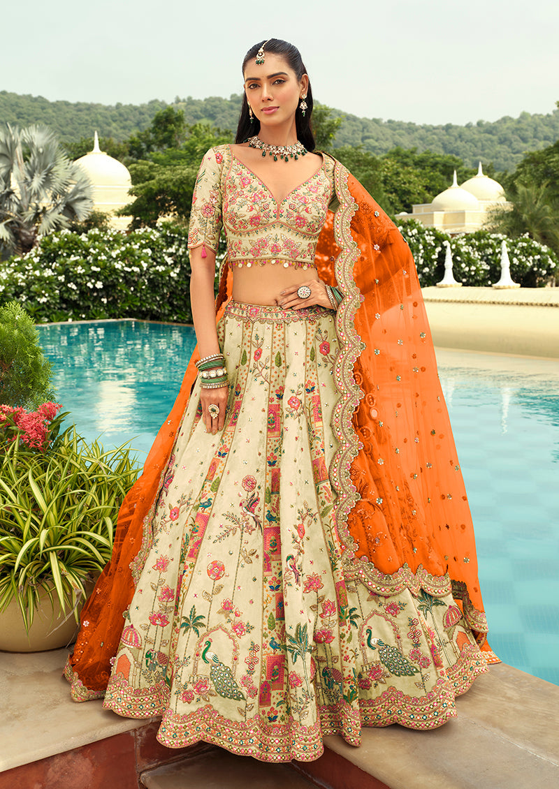 Monjolika Fashion Readymade Lehenga Choli Heavy Work Embroidered Silk In Cream | Grocsy