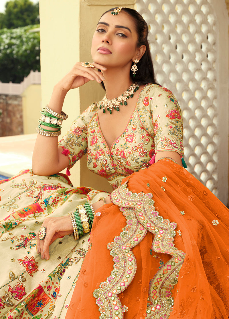 Monjolika Fashion Readymade Lehenga Choli Heavy Work Embroidered Silk In Cream | Grocsy