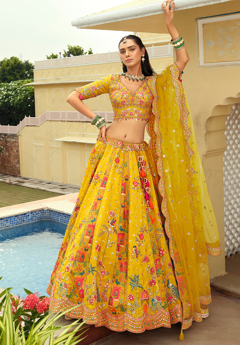 Monjolika Fashion Readymade Lehenga Choli Heavy Work Embroidered Silk In Yellow | Grocsy